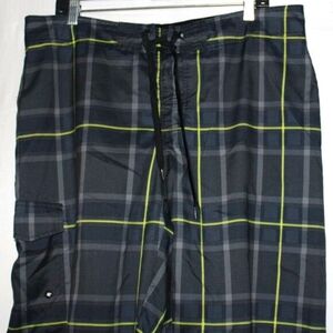 90s Retro Men's Plaid Board Shorts S-36 – Black & Neon Yellow, Cargo Pocket, D